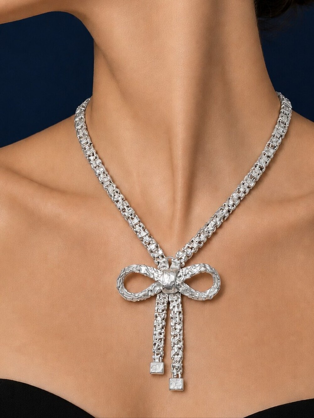 Vintage Rustic Silver Nugget Coquette Bow Necklace